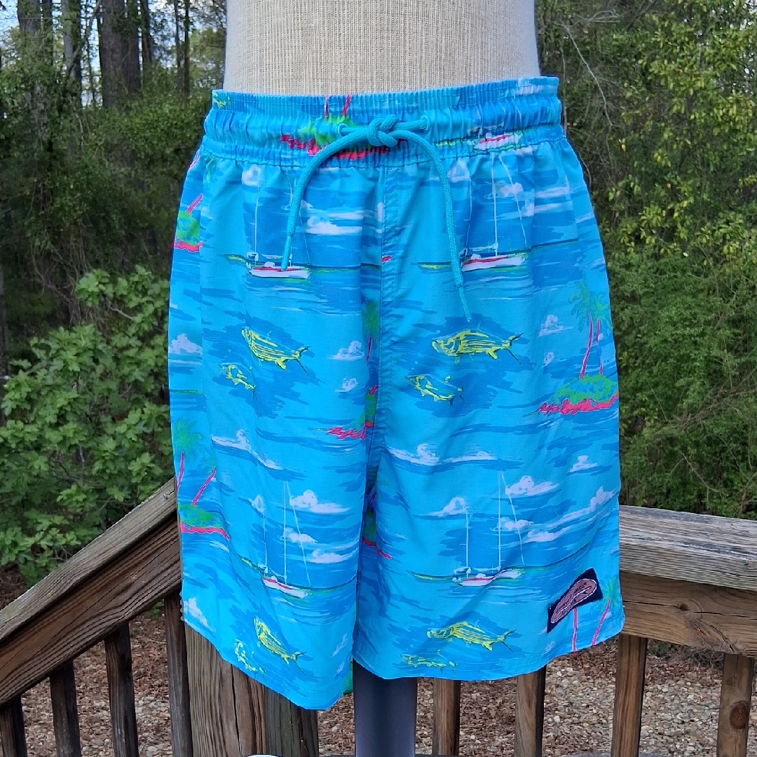Bright Blue Vineyard Vines Tropical Print Swim Shorts, Sz M